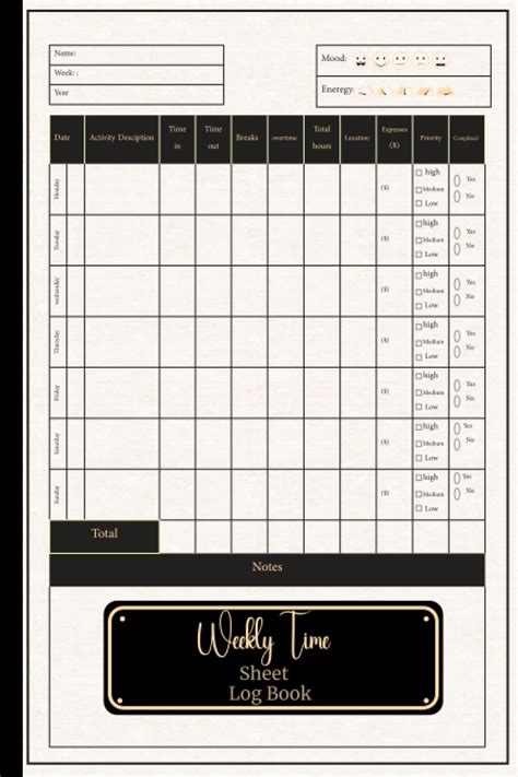 Amazon Weekly Time Sheet Log Book Work Hours Log Time Management