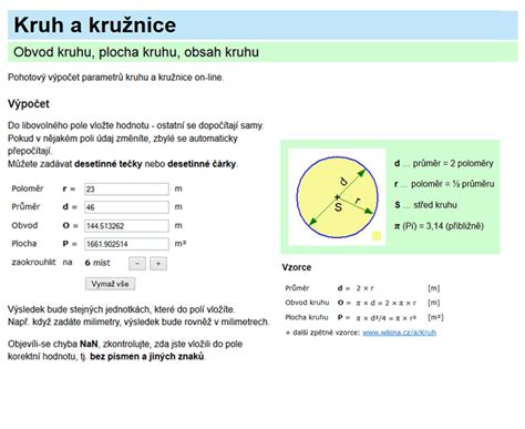 KRUH obvod plocha obsah kružnice vzorec a on line výpočet