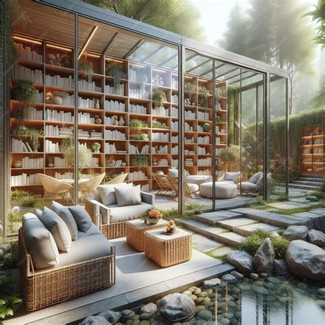 Premium AI Image | A serene library set in a garden with transparent