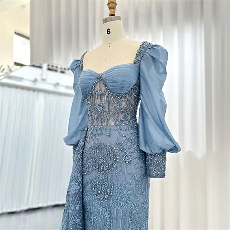 Elegant Blue Mermaid Arabic Evening Dresses With Overskirt Long Sleeves