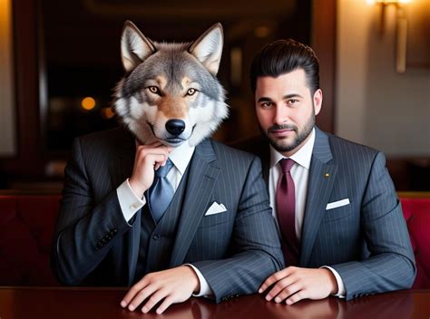 Premium AI Image | Two men in suits with wolf mask and a wolf head