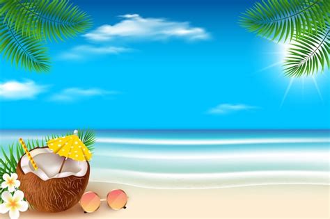 Premium Vector Realistic Tropical Summer Background With Coconut Cocktail