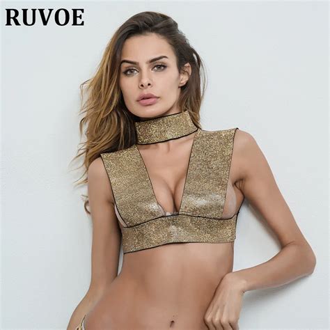 Super Bright Metal Crystal Crop Top Summer Short Top Sexy Gold Silver