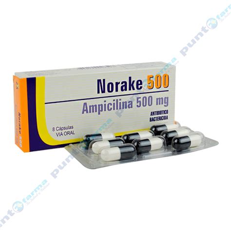 Norake 500 mg Ampicilina 500 mg Caja de 8 cápsulas Punto Farma