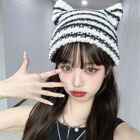 Cat Ear Beanie For Women Knitted Crochet Hat With Striped Winter Cap