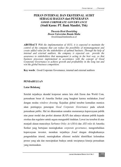 PERAN INTERNAL DAN EKSTERNAL AUDIT SEBAGAI BAGIAN Dari PENERAPAN GOOD