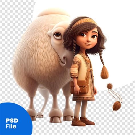 Representación 3d de una niña y una oveja sobre una plantilla psd de