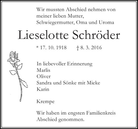 Traueranzeigen von Lieselotte Schröder sh z Trauer