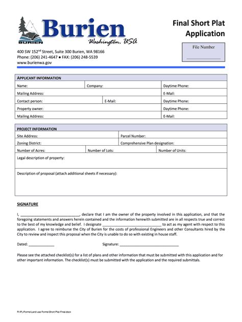 Fillable Online Final Short Plat Application Burien Fax Email Print