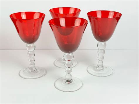 Ruby Red Hand Blown Water Goblets With Clear Bubble Etsy