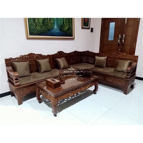 Jual Set Kursi Sofa Ruang Tamu Sudut Bagong Ukir Krawang Jati Minimalis