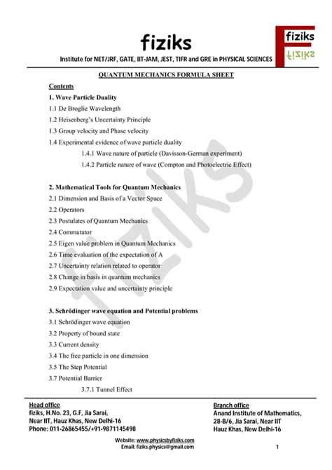 Quantum Formula Sheet PDF