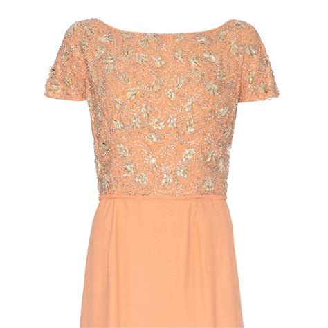 S Peach Crepe Full Length Couture Dress With Beaded Bodice