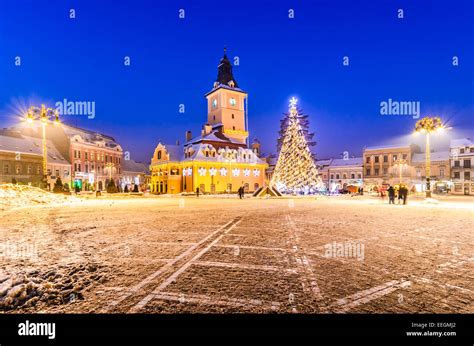 Old city square of Brasov during winter holidays, Brasov Romania Stock ...