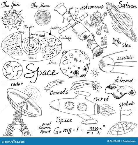 Space Doodles Icons Set Hand Drawn Sketch With Solar System Planets