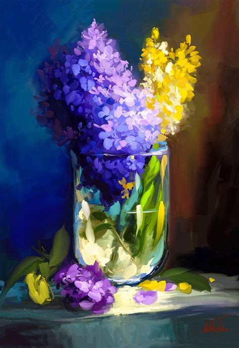 A Painting Of Purple And Yellow Flowers In A Glass Jar