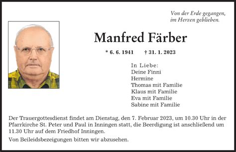 Traueranzeigen Von Manfred F Rber Augsburger Allgemeine Zeitung