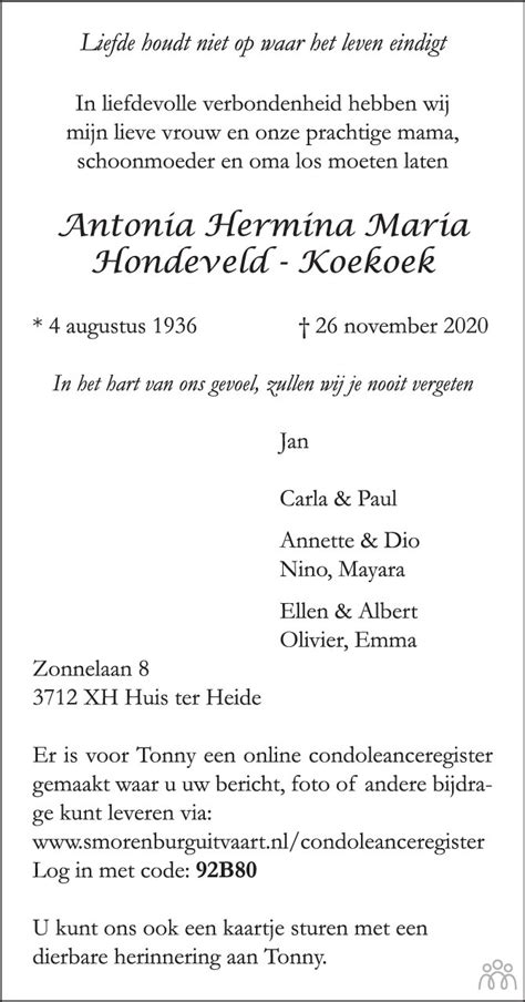 Antonia Hermina Maria Hondeveld Koekoek Overlijdensbericht