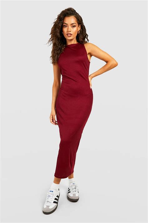 Womens Rib High Neck Midaxi Dress Boohoo Uk