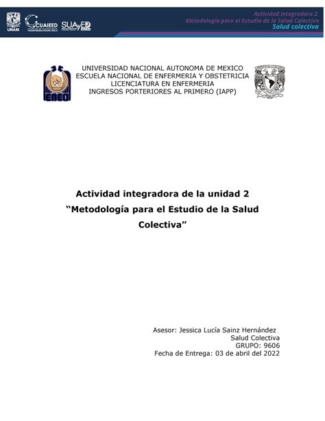 Actividad 2 Salud Colectiva Universidad Nacional Autonoma De Mexico Escuela Nacional De