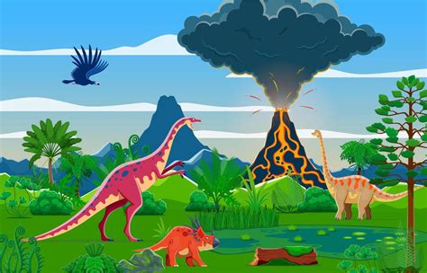 prehistórico paisaje con volcán y dinosaurios 50563080 Vector en Vecteezy