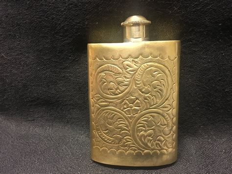 Vintage Brass Metal Hip Flask Pocket Bottle Field Bottle With Flower