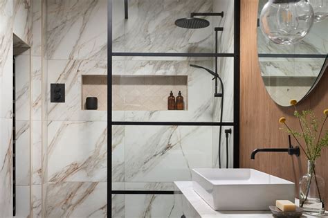 Bathroom Design Open Plan Bathroom With Copper Bath And Marble Effect Tiles