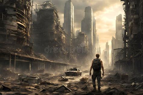 In The Future Alone Man Walks On Lost Apocalyptic City At Night Stock