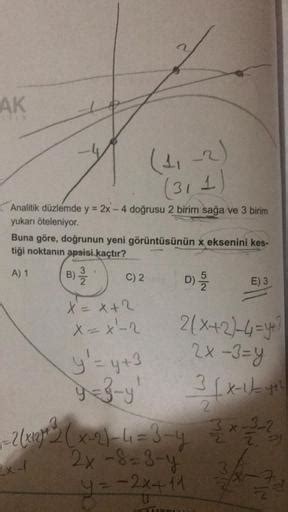 Ak Analitik Düzlemde Y 2x 4 Doğrusu 2 Birim Sağ Geometri