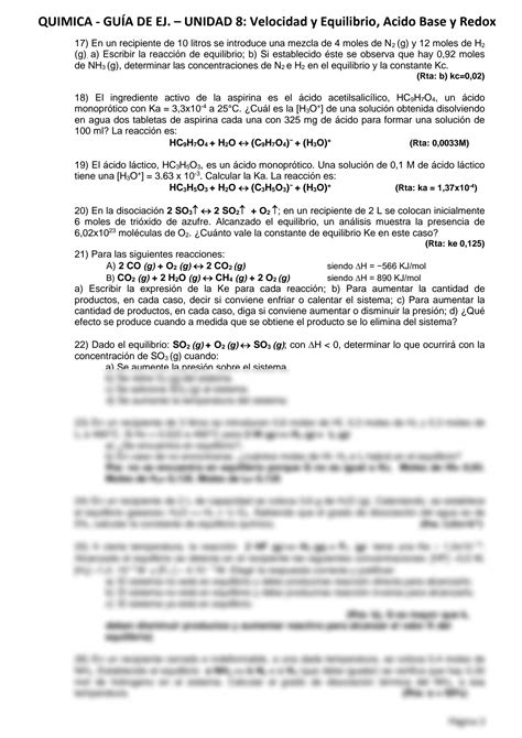 Solution Ejercicios Velocidad Y Equilibrio Quimico Acido Base Redox