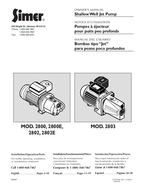 Simer Pumps 2802e 2800e 2803 2802 2800 User Manual