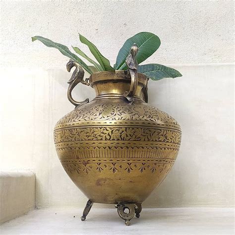 Divine Kalasha Shaped Vintage Brass Planter With 3 Peacock Handles Ht 29 Cm X Dia 13 Cm Ethnic