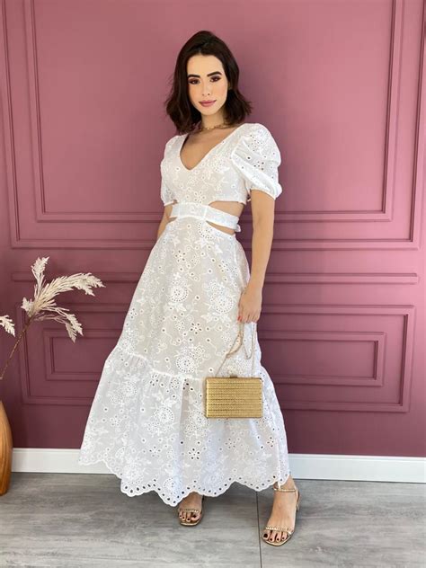 Vestido Longo De Laise Manga Curta Branco Fernanda Ramos Store