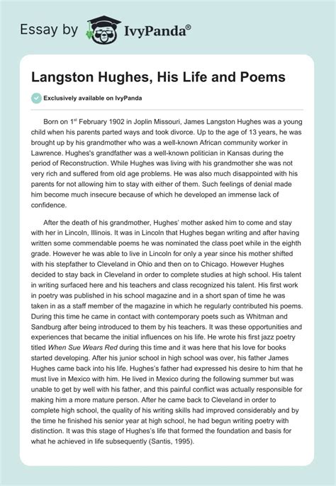 Langston Hughes His Life And Poems 1932 Words Biography Essay Example