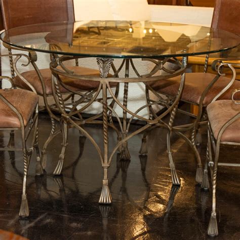 Glass and Tooled Leather Top Dining Table on Iron Base with 4 Leather ...