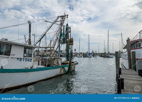 Rockport Tx 3 Feb 2020 White And Green Shrimp Boat With Rigging