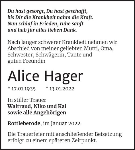 Traueranzeigen Von Alice Hager Abschied Nehmen De