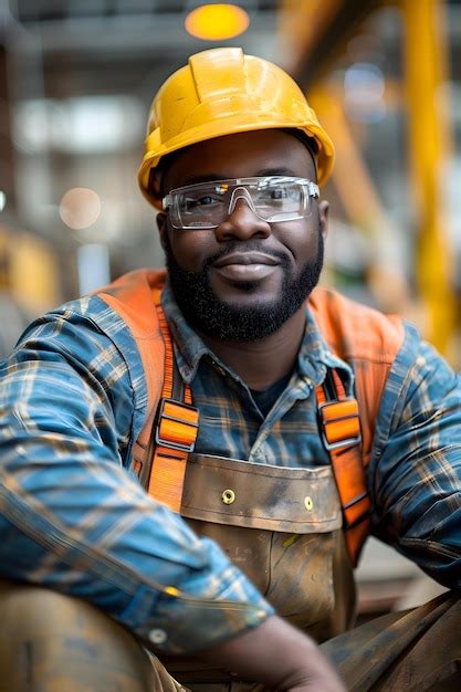 Portrait Of A Smiling Construction Worker Wearing A Hard Hat And Safety