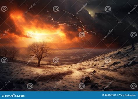 Fantasy Winter Landscape With Tree And River At Sunset Generated Ai