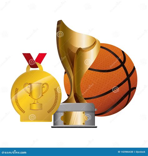 Trophy Cup And Medal With Basketball Balloon Stock Illustration