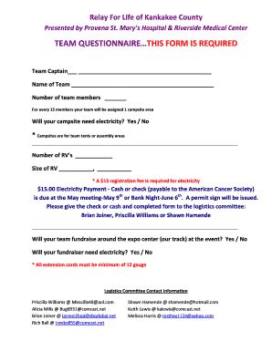 Fillable Online Relay Acsevents TEAM QUESTIONNAIRE THIS FORM IS