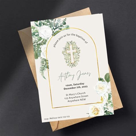 Baptism Christening Birthday Invitation White Florals Cross