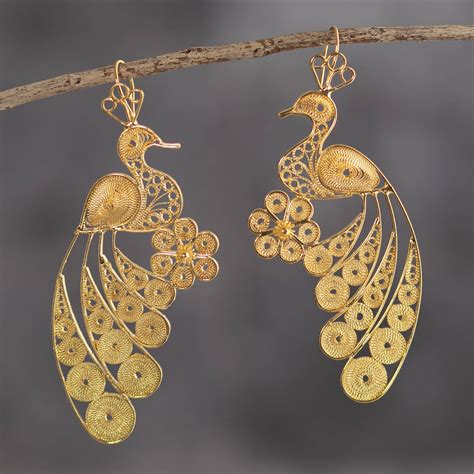 K Gold Plated Bronze Filigree Peacock Earrings From Peru Golden