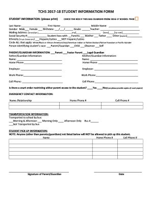 Fillable Online TCHS 2017 18 STUDENT INFORMATION FORM Fax Email Print