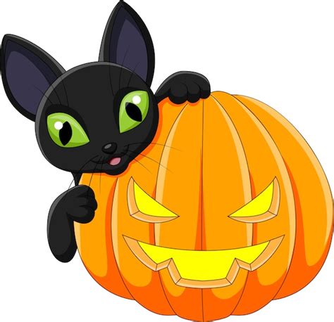 Gato Negro De Dibujos Animados Con Calabaza De Halloween Vector Premium