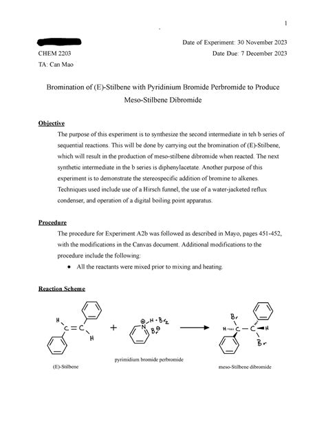 Bromination Of E Stilbene With Pyridinium Bromide Perbromide To