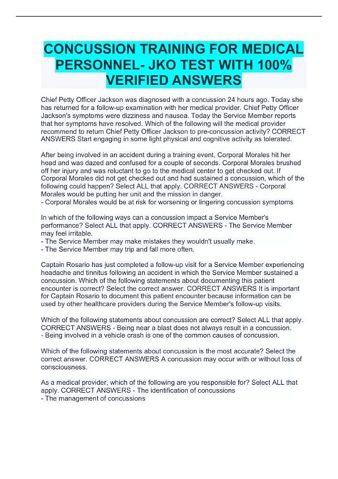 CONCUSSION TRAINING FOR MEDICAL PERSONNEL- JKO TEST WITH 100% VERIFIED