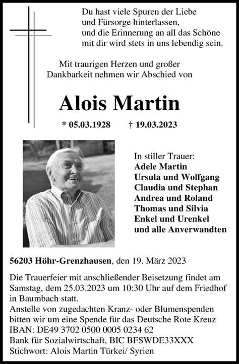 Traueranzeigen Von Alois Martin Rz Trauer De