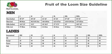 Fruit of the Loom size chart