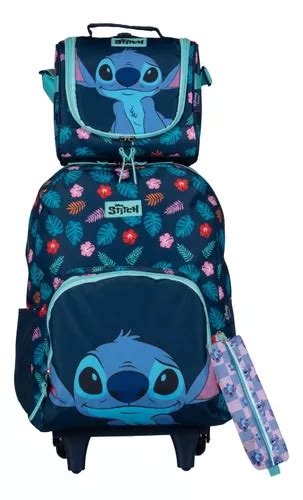 Kit Mochila De Rodinhas Lancheira E Estojo Stitch Disney